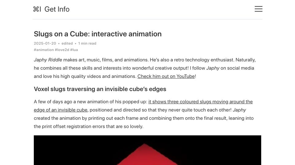 Screenshot of blog.gingerbeardman.com: Slugs on a Cube: An Interactive Animation