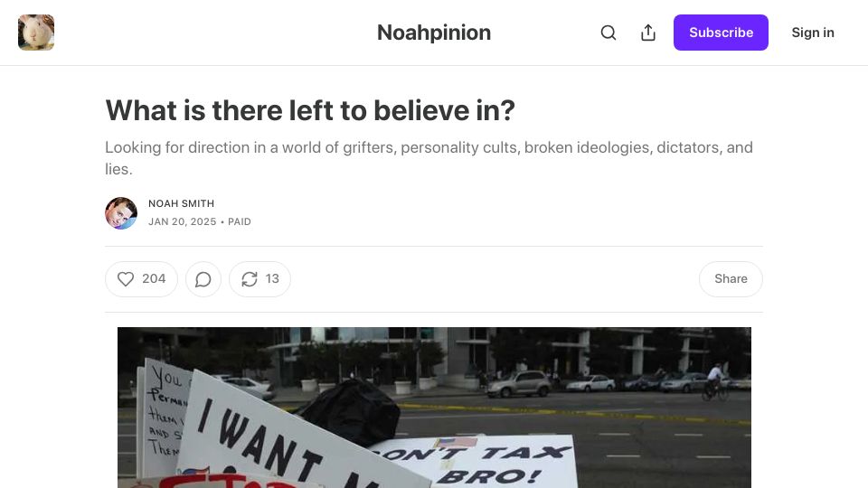 Screenshot of noahpinion.blog: What is there left to believe in?