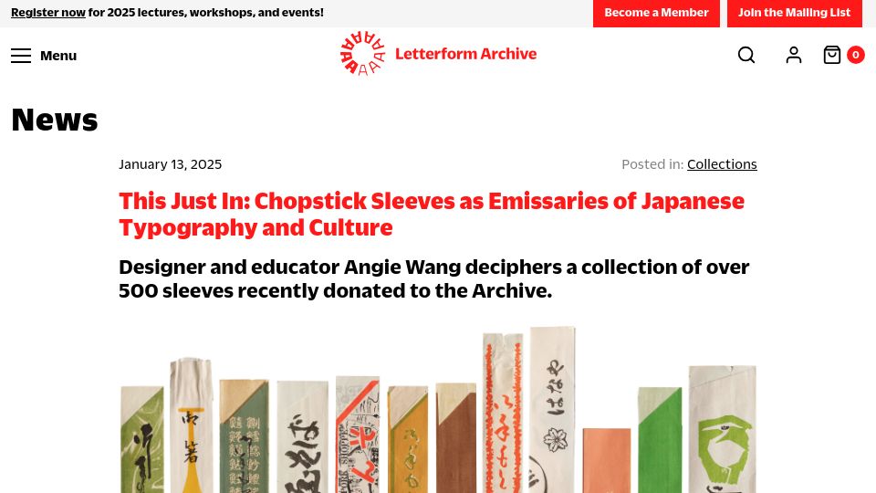 Screenshot of letterformarchive.org: Chopstick sleeves as emissaries of Japanese typography and culture