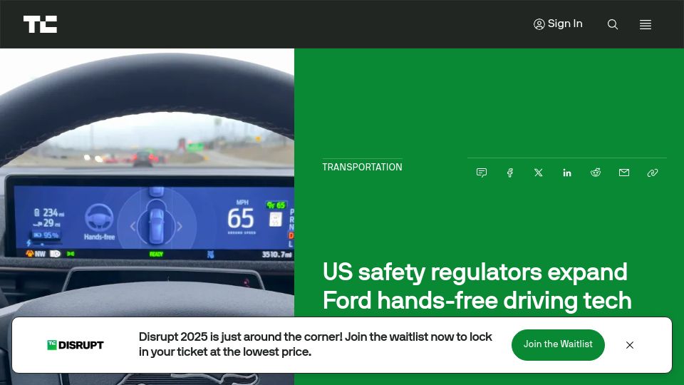 Screenshot of techcrunch.com: US safety regulators expand Ford hands-free driving tech investigation
