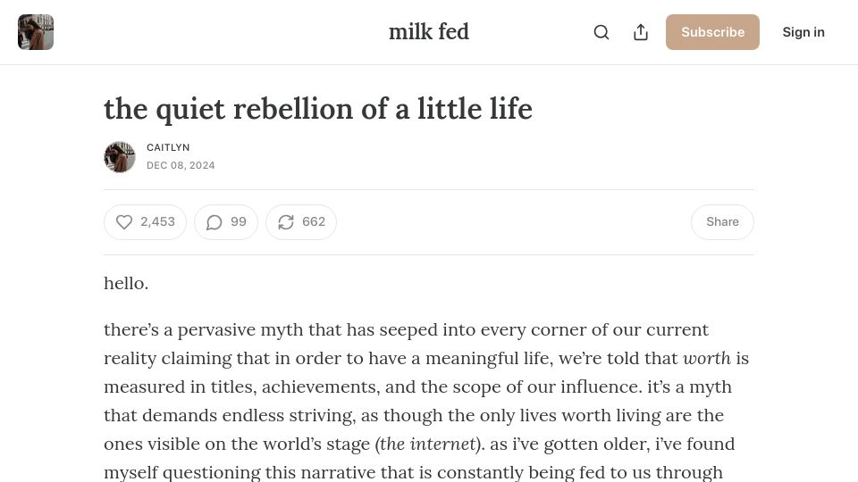 Screenshot of caitlynrichardson.substack.com: The quiet rebellion of a little life