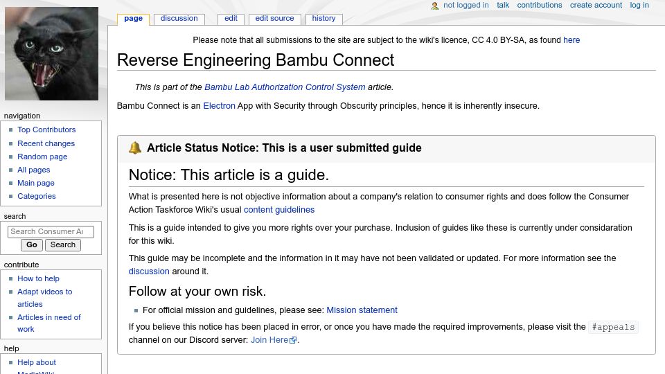 Screenshot of wiki.rossmanngroup.com: Reverse Engineering Bambu Connect