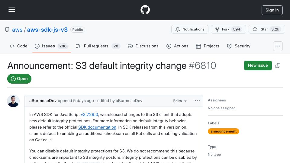 Screenshot of github.com: Announcement: S3 Default Integrity Change