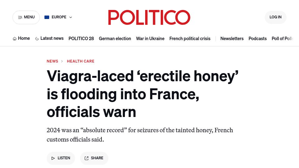 Screenshot of politico.eu: Viagra-laced 'erectile honey' is flooding into France, officials warn