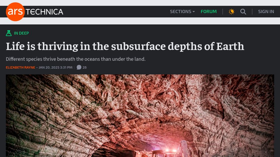 Screenshot of arstechnica.com: The deeper under the Earth's surface, the more species you can find