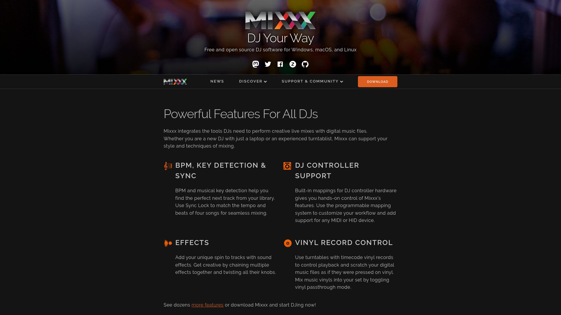 Screenshot of mixxx.org: Mixxx: GPL DJ Software