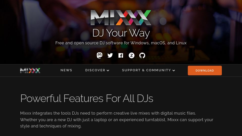 Screenshot of mixxx.org: Mixxx: GPL DJ Software