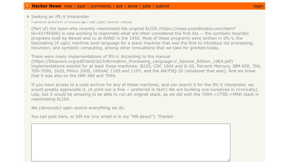 Screenshot of Hacker News post: Ask HN: Seeking an IPL-V Interpreter