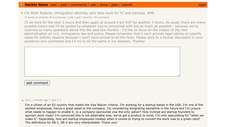 Screenshot of Hacker News post: I'm Peter Roberts, immigration attorney, who does work for YC and startups. AMA