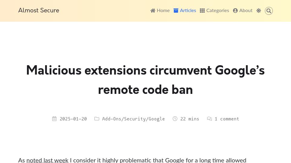 Screenshot of palant.info: Malicious extensions circumvent Google's remote code ban