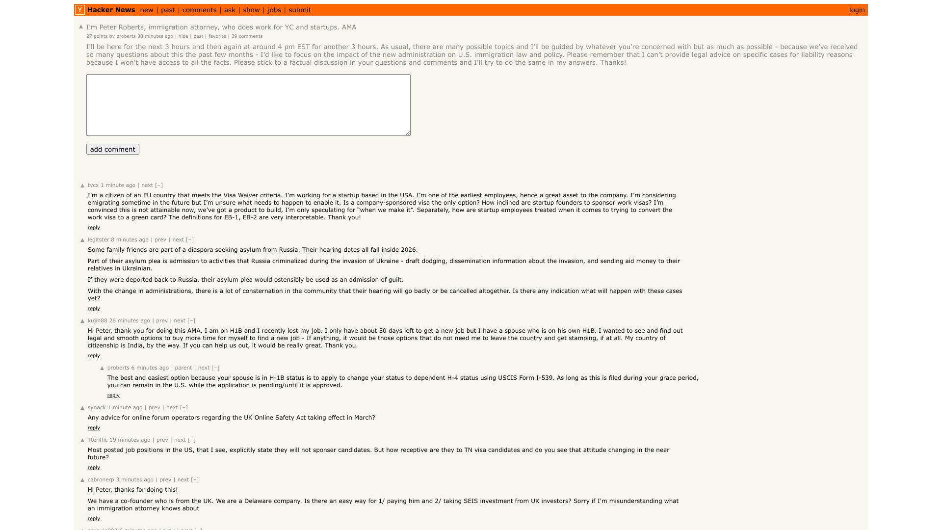 Screenshot of this Hacker News post: I'm Peter Roberts, immigration attorney, who does work for YC and startups. AMA