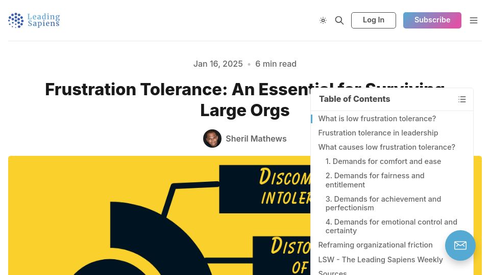 Screenshot of leadingsapiens.com: Frustration Tolerance: An Essential for Surviving Large Orgs