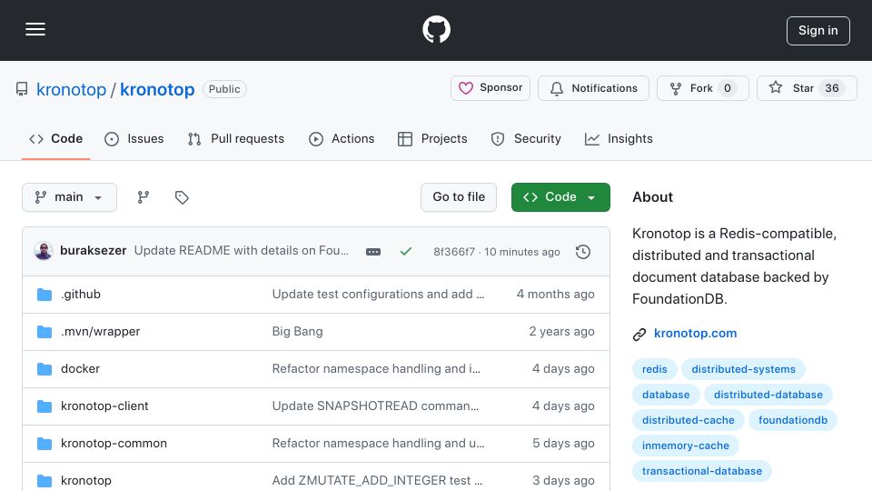 Screenshot of github.com: Kronotop: Redis-compatible, transactional document store backed by FoundationDB