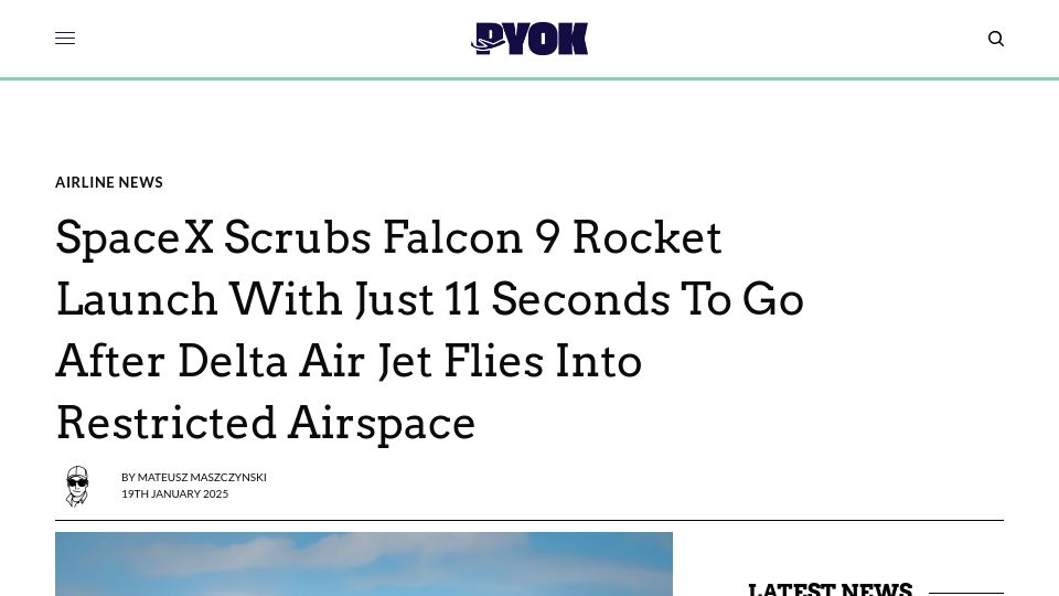 Screenshot of paddleyourownkanoo.com: Falcon 9 Rocket Launch Scrubbed After Delta Air Flies into Restricted Airspace