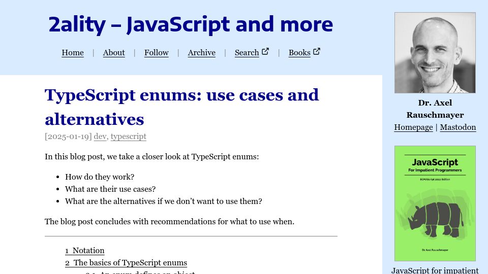 Screenshot of 2ality.com: TypeScript enums: use cases and alternatives