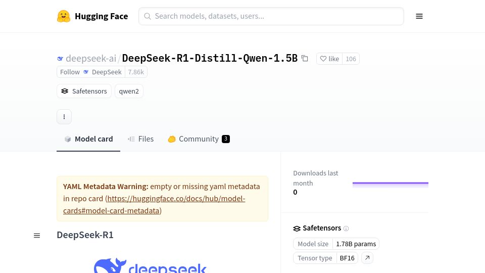 Screenshot of huggingface.co: DeepSeek-R1-Distill-Qwen-1.5B Surpasses GPT-4o in certain benchmarks