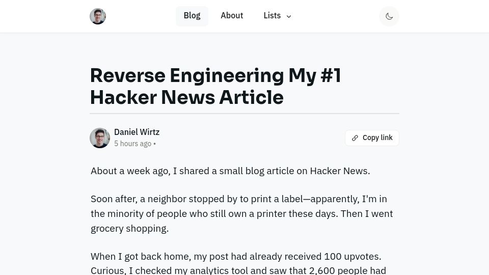 Screenshot of danielwirtz.com: Reverse engineering my #1 Hacker News article
