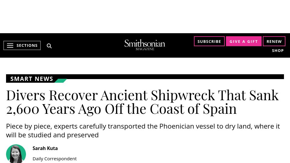 Screenshot of smithsonianmag.com: Divers recover Phoenician shipwreck that sank 2.6k years ago off coast of Spain
