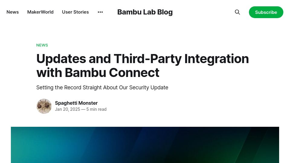 Screenshot of blog.bambulab.com: Bambu Lab - Setting the Record Straight About Our Security Update