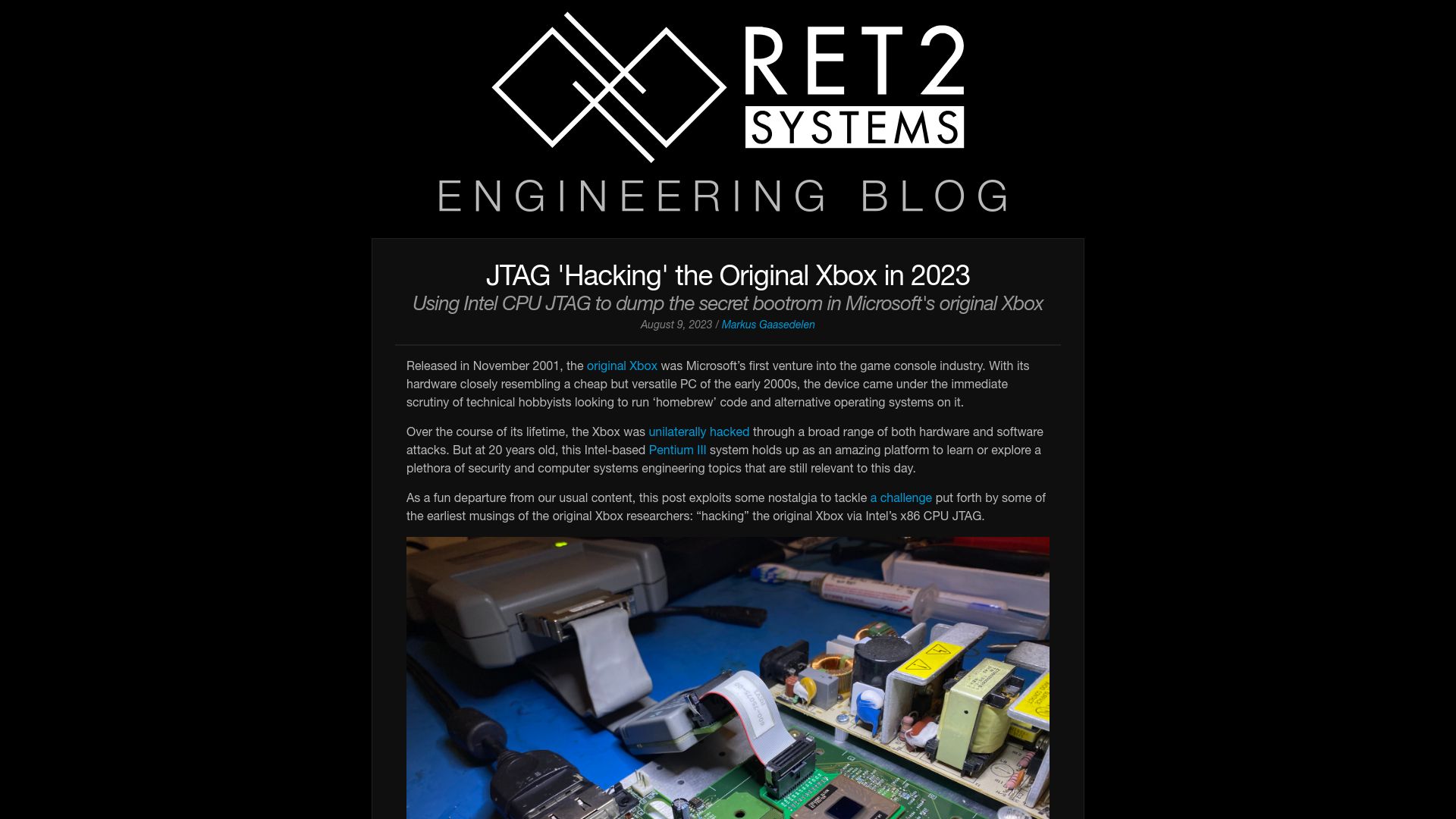 Screenshot of blog.ret2.io: JTAG 'Hacking' the Original Xbox in 2023