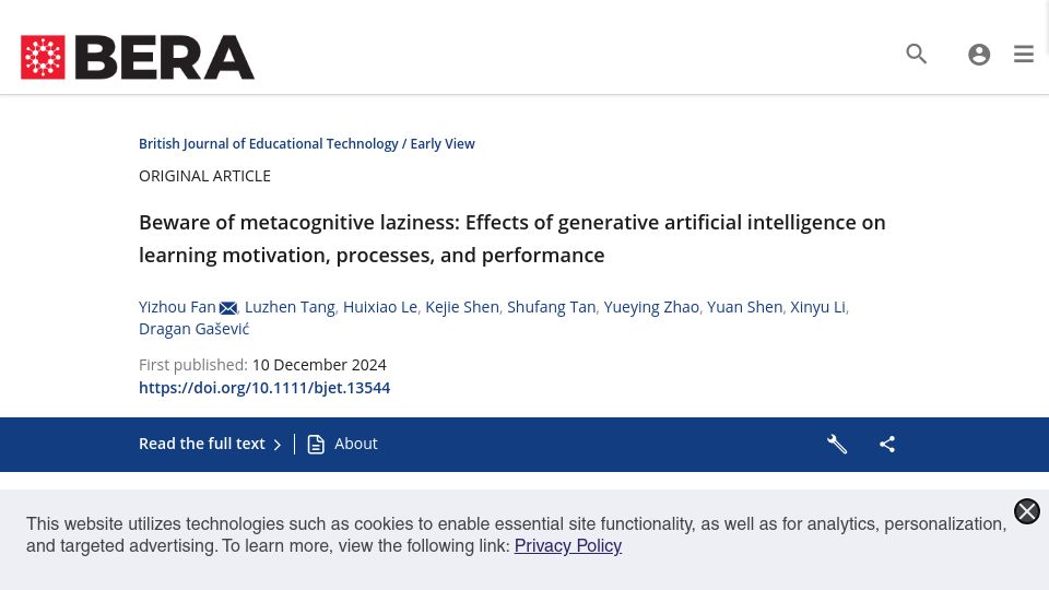 Screenshot of bera-journals.onlinelibrary.wiley.com: Metacognitive laziness: Effects of generative AI on learning motivation