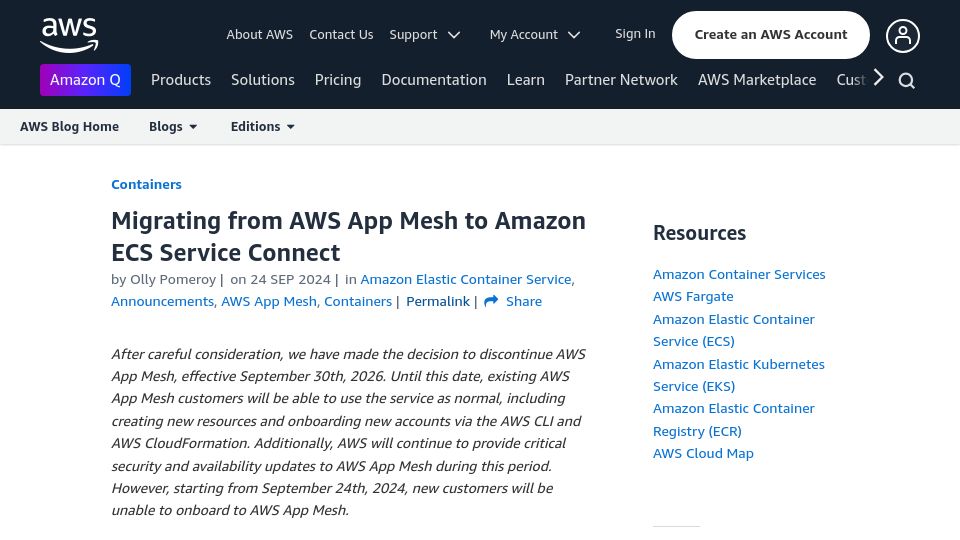 Screenshot of aws.amazon.com: AWS will discontinue support for AWS App Mesh