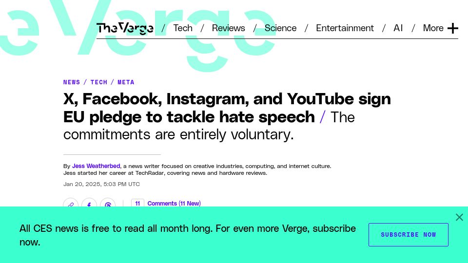 Screenshot of theverge.com: X, Facebook, Instagram, and YouTube sign EU code to tackle hate speech