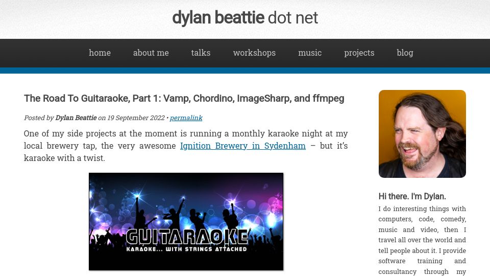 Screenshot of dylanbeattie.net: Guitar chord karaoke with Vamp, Chordino, and FFmpeg (2022)