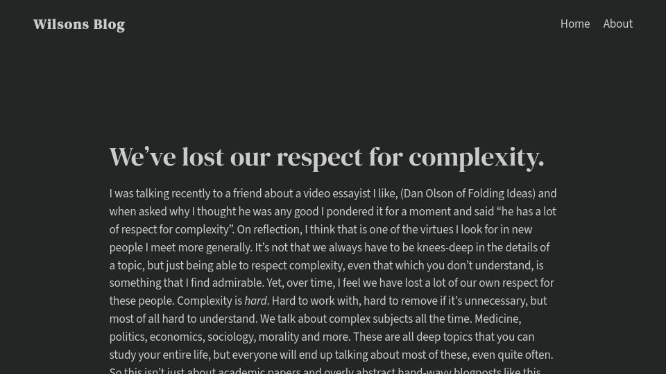 Screenshot of wilsoniumite.com: We've lost our respect for complexity