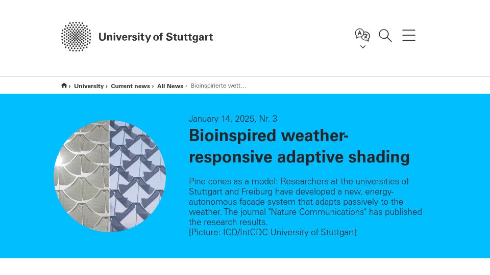 Screenshot of uni-stuttgart.de: Bioinspired weather-responsive adaptive shading