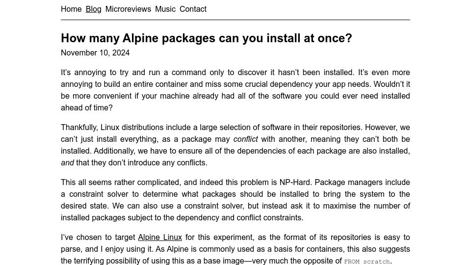 Screenshot of naff.dev: How many Alpine packages can you install at once? (2024)
