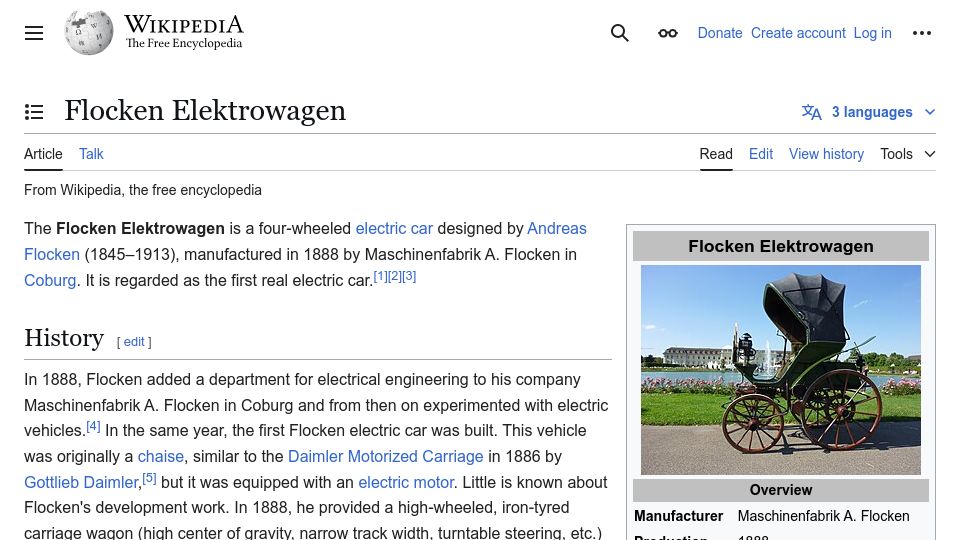 Screenshot of en.wikipedia.org: Flocken Elektrowagen