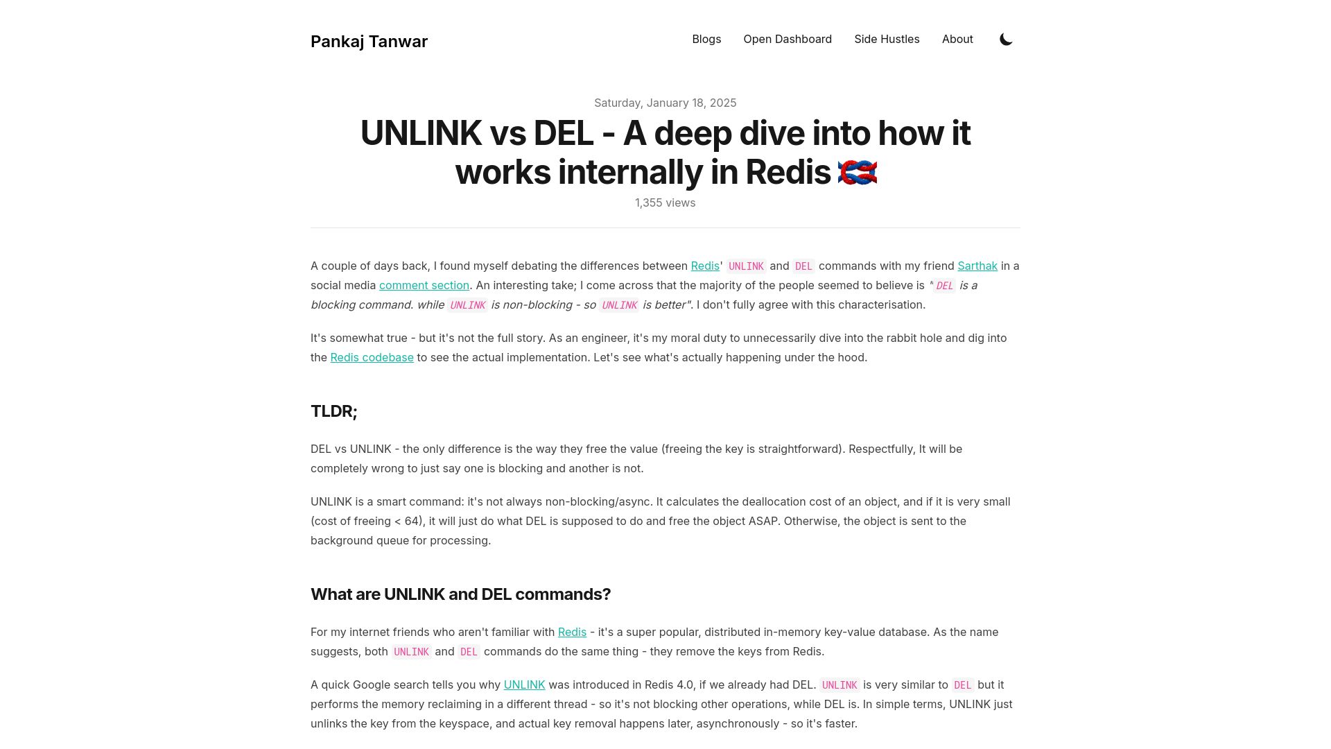 Screenshot of pankajtanwar.in: Unlink vs. DEL – A deep dive into how it works internally in Redis