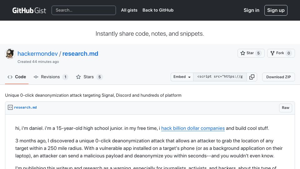 Screenshot of gist.github.com: 0-click deanonymization attack targeting Signal, Discord, other platforms