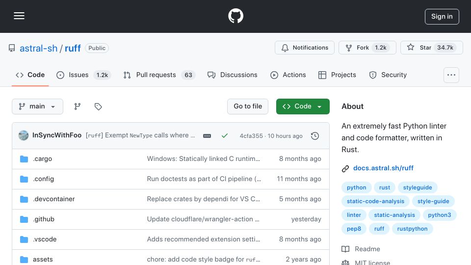 Screenshot of github.com: Ruff: Python linter and code formatter written in Rust