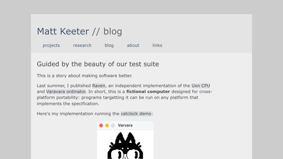 Screenshot of mattkeeter.com: Guided by the beauty of our test suite