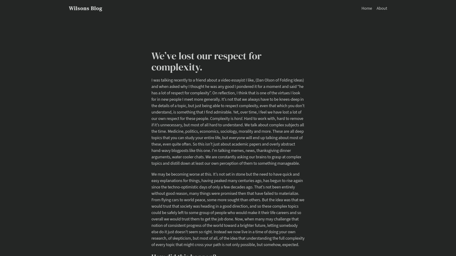 Screenshot of wilsoniumite.com: We've lost our respect for complexity