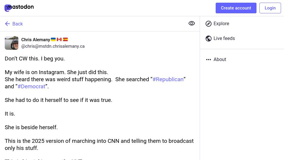Screenshot of mstdn.chrisalemany.ca: Meta Censoring '#Democrat' on Instagram