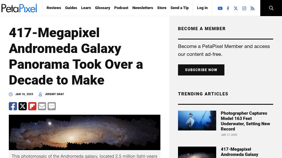 Screenshot of petapixel.com: 417-megapixel Andromeda galaxy panorama took over a decade to make