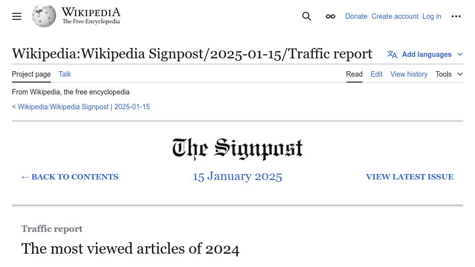 Screenshot of en.wikipedia.org: The most viewed articles of 2024