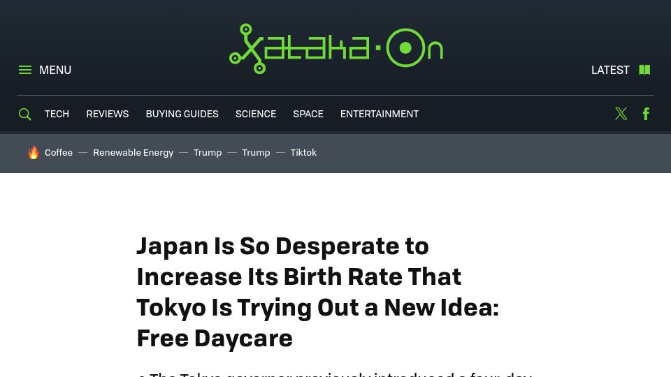 Screenshot of xatakaon.com: Japan Offers Free Daycare to Boost Tokyo's Falling Birth Rate