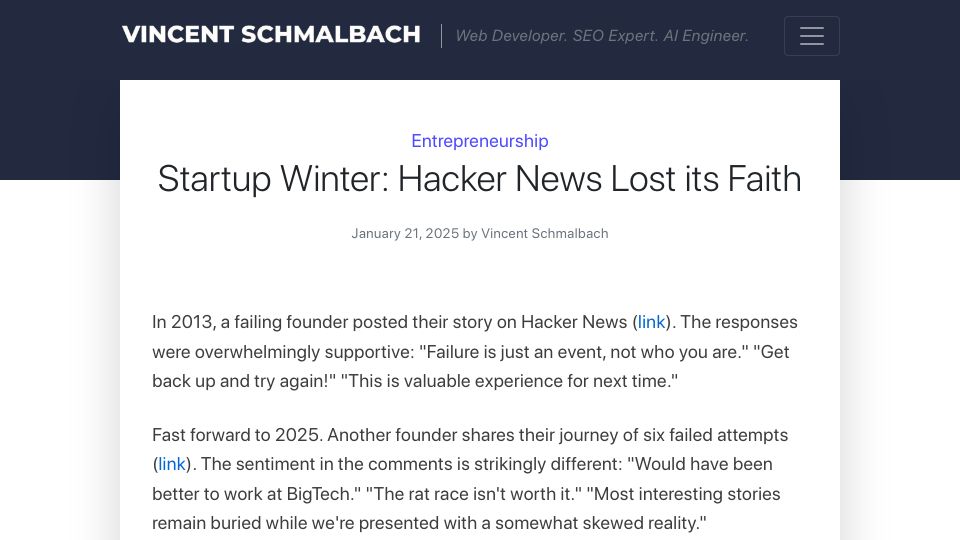 Screenshot of vincentschmalbach.com: Startup Winter: Hacker News Lost Its Faith