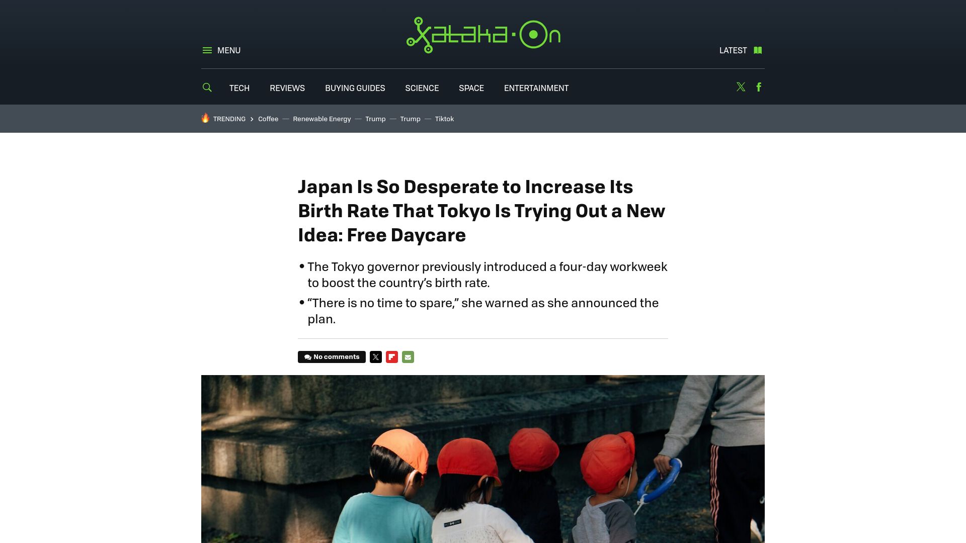 Screenshot of xatakaon.com: Japan Offers Free Daycare to Boost Tokyo's Falling Birth Rate