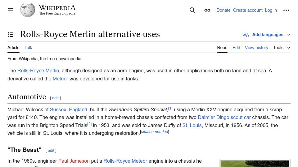 Screenshot of en.wikipedia.org: Rolls-Royce Merlin alternative uses