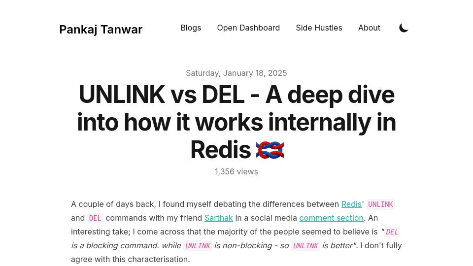 Screenshot of pankajtanwar.in: Unlink vs. DEL – A deep dive into how it works internally in Redis