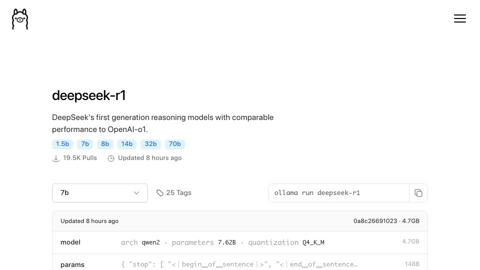 Screenshot of ollama.com: Official DeepSeek R1 Now on Ollama