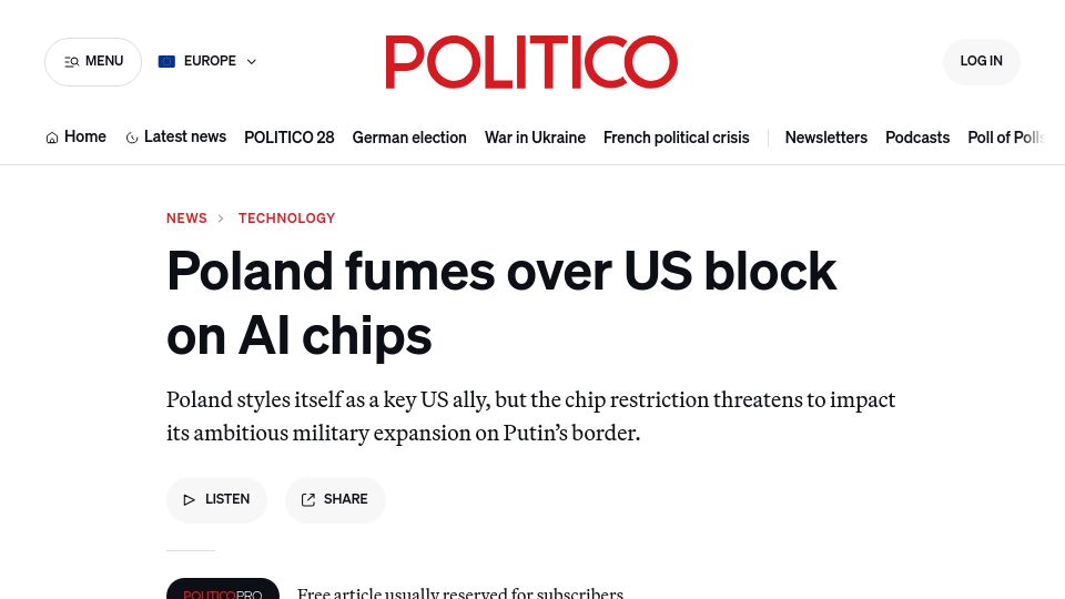 Screenshot of politico.eu: Poland fumes over US block on AI chips