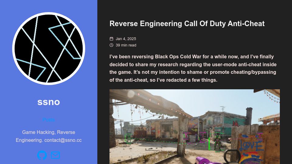 Screenshot of ssno.cc: Reverse engineering Call of Duty anti-cheat