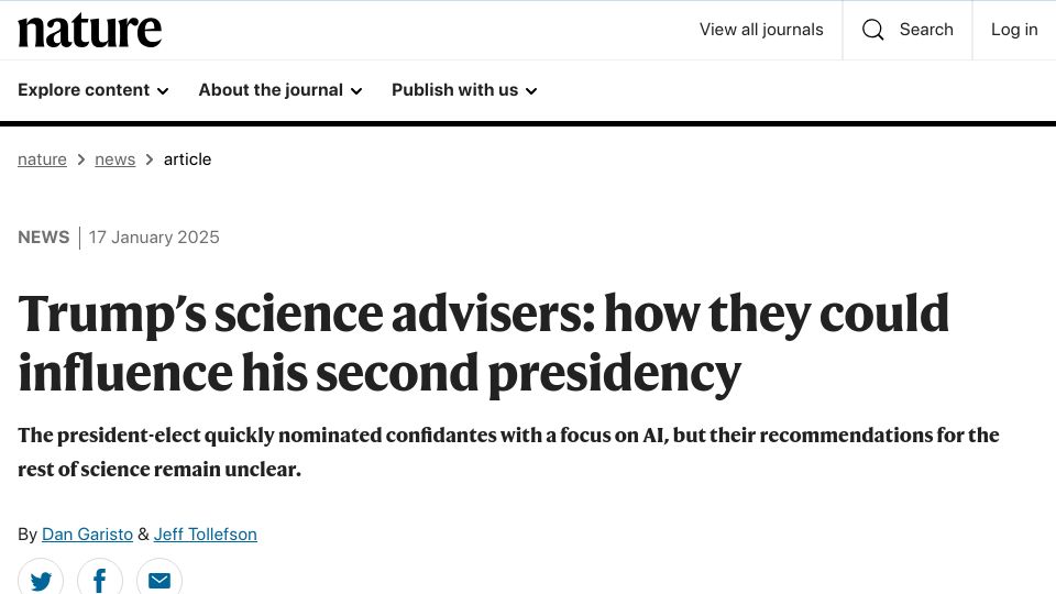 Screenshot of nature.com: Trump's science advisers: how they could influence his second presidency