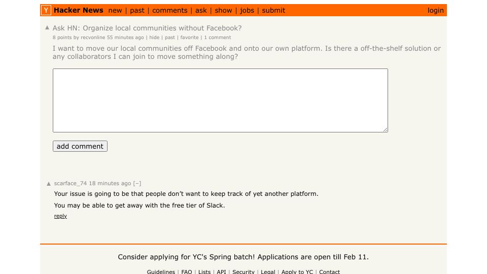 Screenshot of Hacker News post: Ask HN: Organize local communities without Facebook?